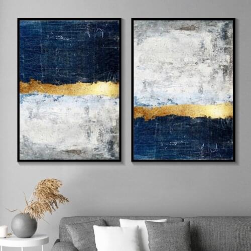Modern Golden Wall Art Picture Abstract Gold Foil Block Painting Blue Poster Print for Living Room Navy Decor Big Size