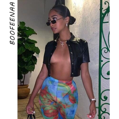 BOOFEENAA Black PU Leather Button Up Short Sleeve Crop Top T Shirt Women Fashion 2021 Streetwear Vintage Clothes C85-CZ15