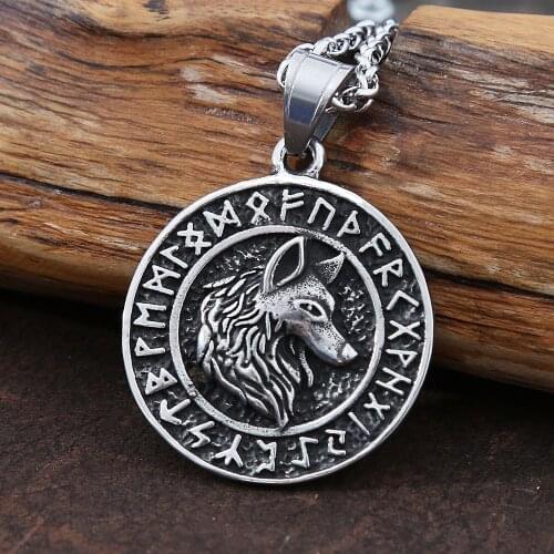 Gothic Stainless Steel Viking Wolf Necklace Pendant Men Chain Nordic Vintage Odin Rune Pendant Biker Viking Pagan Accessories