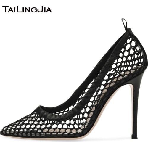 Sexy Black Fishnet Women Shoes Stiletto High Heel Mesh Pumps Pointed Toe Big Size Dance Heels Ladies Party Nightclub Shoe 2021