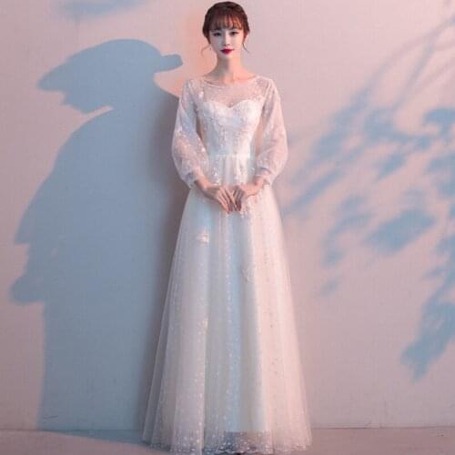 Women Elegant White Round Neck Long Tulle Prom Party Gowns Spring Summer Long Sleeve A Line Evening Dresses
