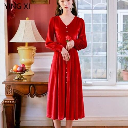 YING XI 2020 Spring Pleuche Slim And Elegant Dress High-Waisted V-Neck Buttons Dress Red And Black Vestidos