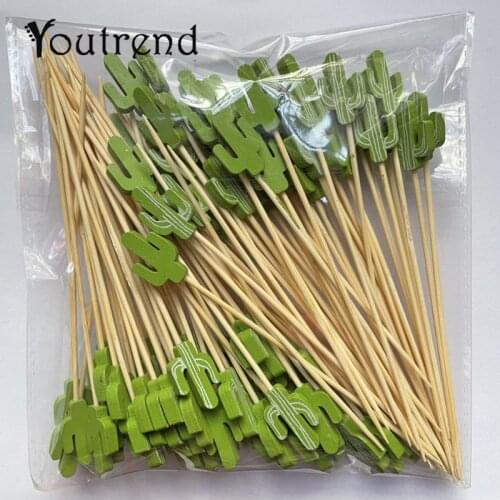 100pc12cm Cactus Shape Bamboo Pick Buffet Cupcake Fruit Fork Party Dessert Salad Stick Cocktail Skewer for Wedding Decoration