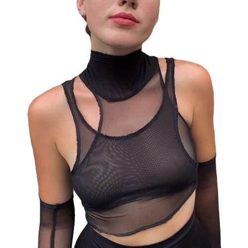 2021 Sexy Club Mesh See-Through Sleevsless Tank Tee Women Fashion Street Style Off Shoulder Solid Color Crop Top T-Shirt Mujer