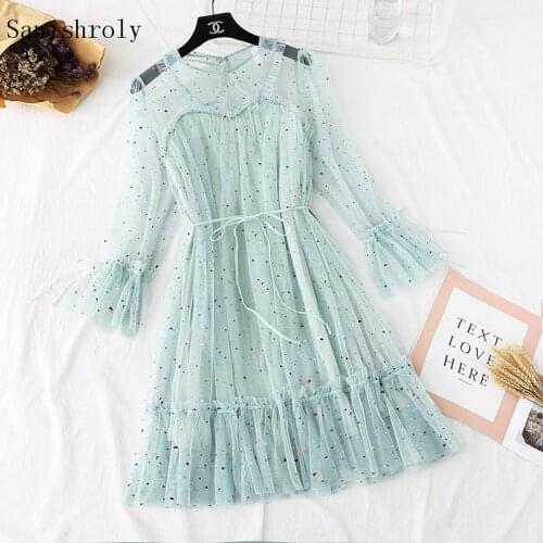 2021 Women Color Sequined Lace Dress Spring Autumn Sweet Tie Bow Doll Collar Mesh Dress Ladies Princess Long Ball Gown Vestidos