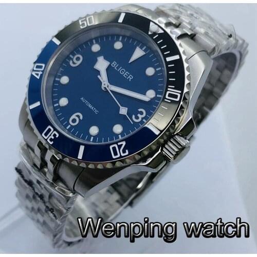 Bliger 40mm Mens New Top Mechanical Watch NH35 Movement Sapphire Crystal Ceramic Bezel Blue Dial Luminous Automatic Watch