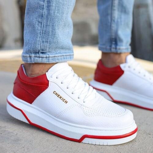 Chekich White and Red Artificial Leather Sneakers Women Men Summer Spring Sport Unisex Lightweight Mixed Color Casual Running Daily Footwear Orthopedic Walking Breathable Futsal Air Lighted Weight 2021 Fashion CH075