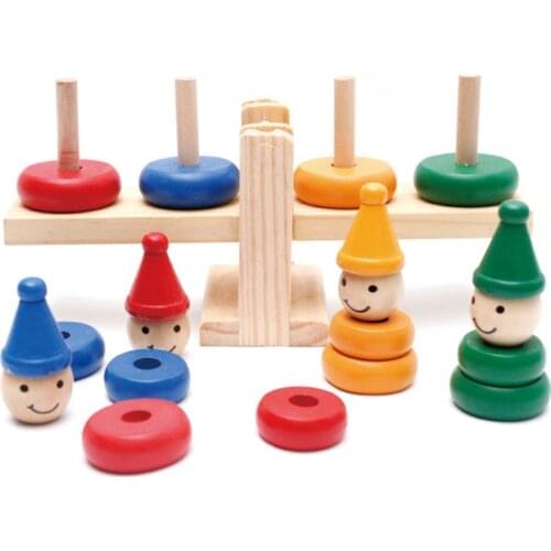 Kids Early Education Toy For Children Seesaw Balance Scale Board Balancing Kids Game Wooden Clown Rainbow Stacker Toy B1117