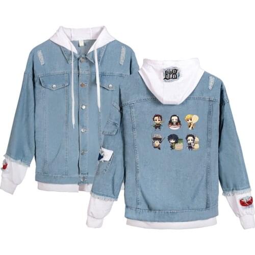 Anime Print Demon Slayer Denim Jacket Hooded Trendy Splicing Denim Tops Harajuku Men/women Hoodie Spring Autumn Teen Streetwear