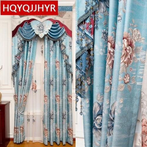 European Blue 3D Luxury Full Blackout Floor To Ceiling Living Room Curtains High Quality Decoration Custom Curtains For Bedroom