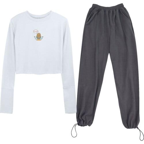 Kawaii Potato T Shirt Cotton Crop Top Long Sleeve Vintage Sweatshirt Joggers for Women Suits 90s Aestethic Drawstring Sweatpants