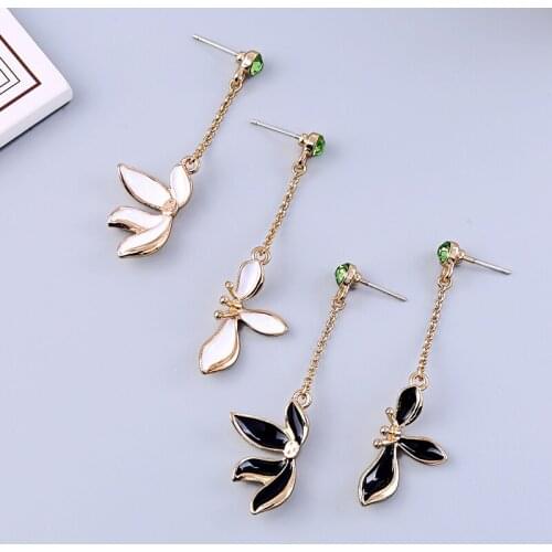 Kissme Unique Black&White Enamel Flowers Shiny Green Crystal Drop Earrings For Women Gifts Gold Color Fashion Jewelry Wholesale