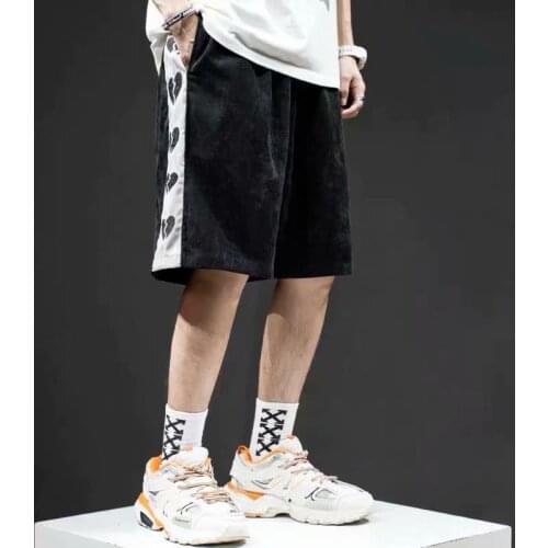 Japanese tide brand new Harajuku style love embroidered corduroy overalls shorts male hip-hop loose sports five-point pants