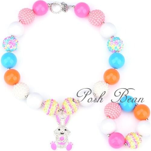 Girls Chunky Bubblegum Necklace and Bracelet Set Easter Bunny with Pink Egg Bubblegum Bead Necklace Easter Outfit Basket Gift