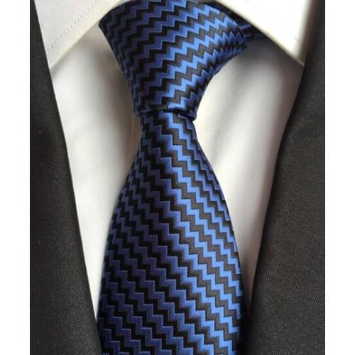8cm Men Classic Tie High Quality Woven Necktie Blue with Black Geometric Stripe