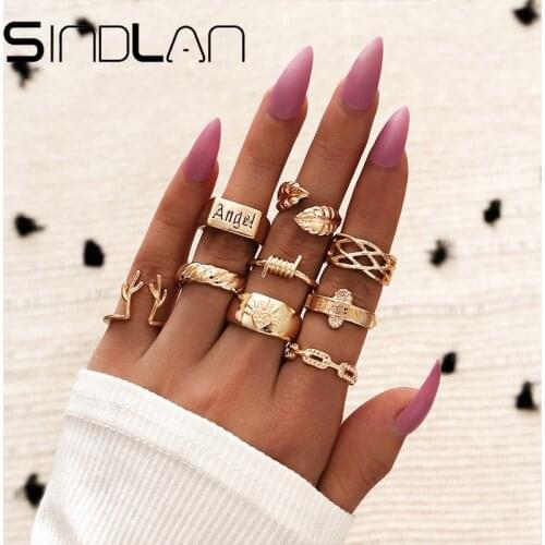 Sindlan 9Pcs Boho Gold Leaf Antlers Ring Set for Women Funny Sculpture Letter Angel Baby Hollow Girls Fashion Finger Jewelry