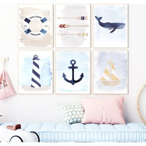 Nautical Sea Ship Whale Lighthouse Anchor Nursery Wall Art Canvas Painting Nordic Poster And Prints Wall Picture Kids Room Decor
