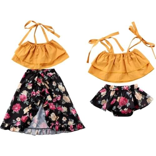 Adorable Cute Fashion Newborn Baby Girls Summer Sets Sleeveless Belt Yellow Shirts Tops Dress 2 Style Family Matching Sets