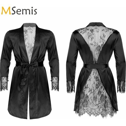 Pajama Womens Sexy Lace-Trim Satin Sleepwear Pyjamas Sissy Long Sleeve Satin Kimono Sleepwear Bridesmaid Wedding Party Nightwear