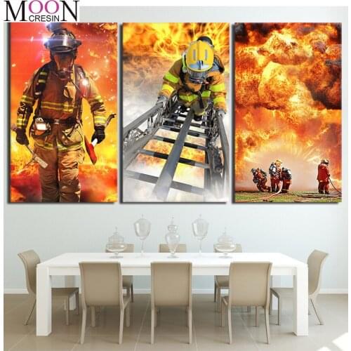 Full Square Round Diamond Painting 3 Piece Fireman Fire Flame Fighting 5D Diy Needlework Embroidery Home Decor Rhinestones Arts