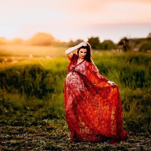 Gold Sequence Dress Tassels Frange Maternity Dress for Photo Shoot Baby Shower Boho Evening Gown Shooting Prom Maternity Couture