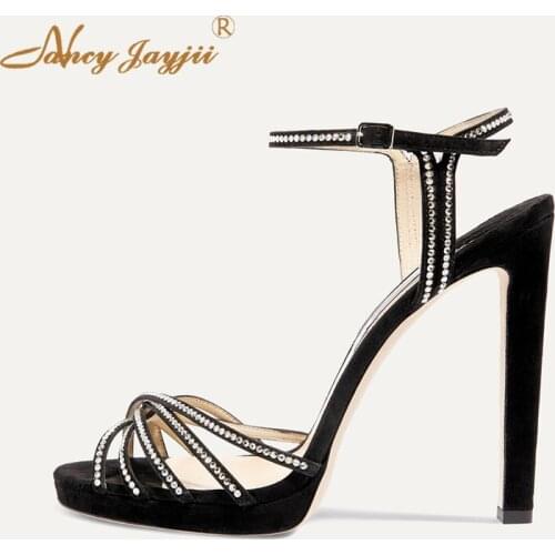 Crystal Flock Sandals Black Low Platform Party Shoes High Heels Ankle Strap Sexy Ladies Pumps Big Size 45 46 NANCYJAYJII 2020