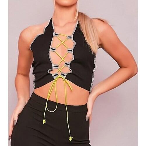 Summer Womens Sexy Halter Crop Tops Ladies Sleeveless Open Front Hollow Out Lace Up Tee Shirts