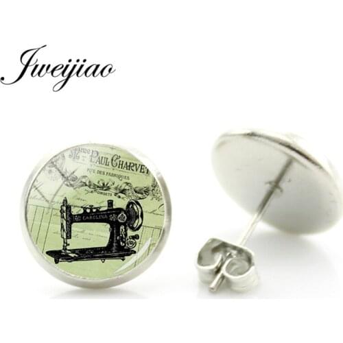 JWEIJIAO Vintage Sewing Machine Stud Earrings Glass Art Picture Cabochon Earring For Woman Man Kids Girl Jewelry SM31