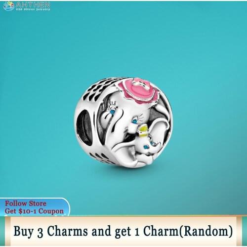 Ahthen 925 Sterling Silver Beads Dumbo & Mrs. Jumbo Elephan Charms fit Original Pandora Bracelets Women DIY Jewelry Making Gift