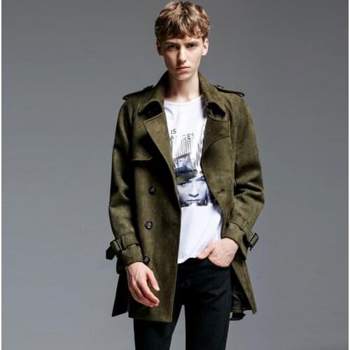 Trench coat men army green 219 autumn winter fashion loose deerskin fleece coats mens outerwear jackets men plus size S - 6XL