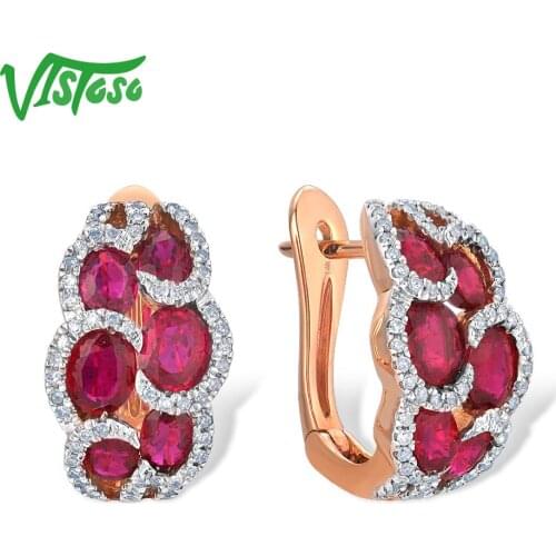 VISTOSO Genuine 14K 585 Rose Gold Earrings For Women Glamorous Fancy Ruby Sparkling Diamond Elegant Trendy Luxury Fine Jewelry
