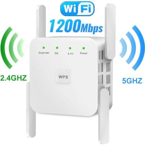 MAYITR 1pc 1200Mbps High Speed Wireless Repeater 2.4Ghz/5Ghz Dual Band WiFi Range Extender Signal Booster For Office Home