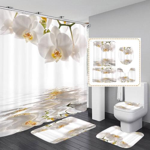 White Orchid Printing Shower Curtains 3PCS Mat Set for Bathroom Waterproof Polyester Fabric Shower Bath Curtain With 12pcs Hooks