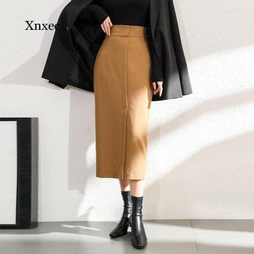 Spring Pure Khaki High Waist Midi Skirt Autumn Winter New Bodycon Womens Fashion Trendy Wild Thin Slim Slit Long Skirts Clothes