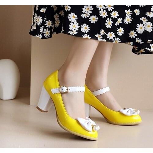 US4-14 Womens Round Toe Lace Japanese Mary Janes Bowknot Lolita Pumps Block Heel Shoes Sweet Plus Size 7Colors Cosplay 34-48