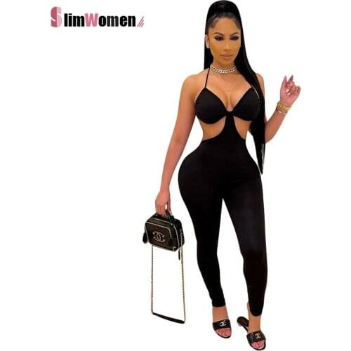 Beach Outfit Chic Cut Out Skinny Jumpsuits Women Rompers Summer Backless Solid Long Pants Sexy Bodysuits Party Outfits Clubwear