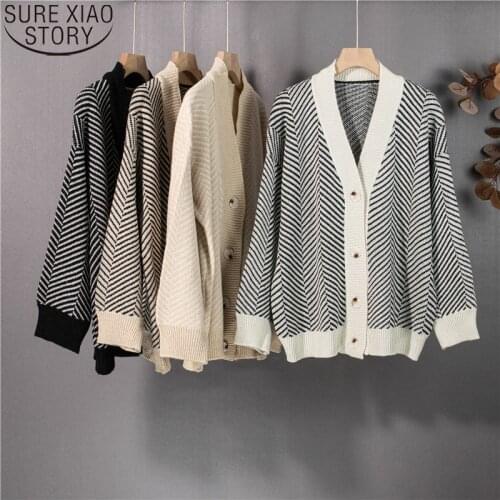 Cardigans Knitted Tops Autumn and Winter Fashion Striped Sweaters Women Single Breasted V-Neck Causal Loose Oversize Coat 16819