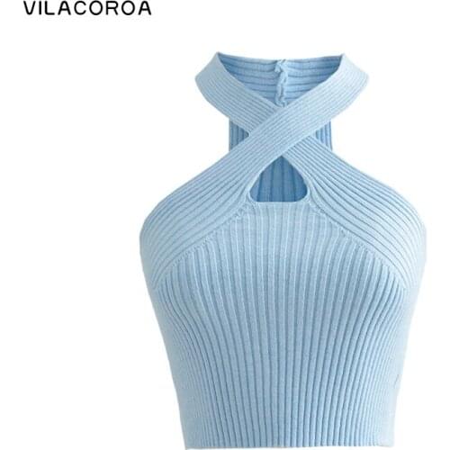 Halter Sleeveless Vest Female Tops Sexy Hollow Out Backless Tank-top Women Cropped top Solid Cross Knitted Slim Summer Clothes