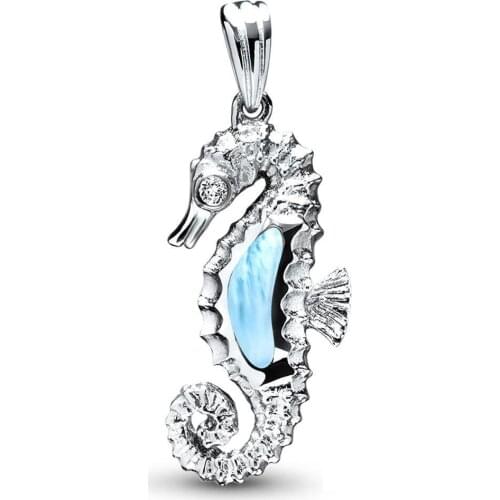 Sea Life Animal 925 Sterling Silver Natural Dominica Larimar Seahourse Pendant Necklace For Women Gift