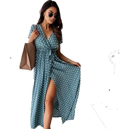 Women Casual Floral Print Elegant Boho Long Dress 2020 Summer Beach Holiday Dress Ruffle Short-Sleeve V-neck Sexy Party Robe