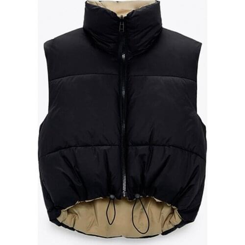 2021 Winter Black Cropped Vest Coat Women Fashion Warm Sleeveless Parkas High Collar Waistcoat Female Casual Outerwear Chic Top