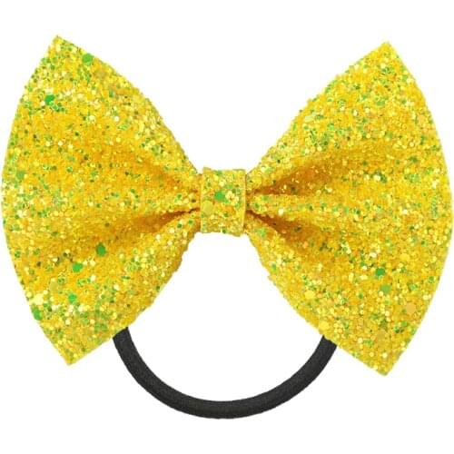 1 PC Glitter Leather Fabric Hair Ties Glitter Bows With Black Elastic Bands Girls Ponytail Holder