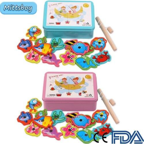 16Pcs Educational Toys Fish Wooden Magnetic Fishing Toy Set Educational Outdoor Game Fish Parent-child Exchange Interactive Toys