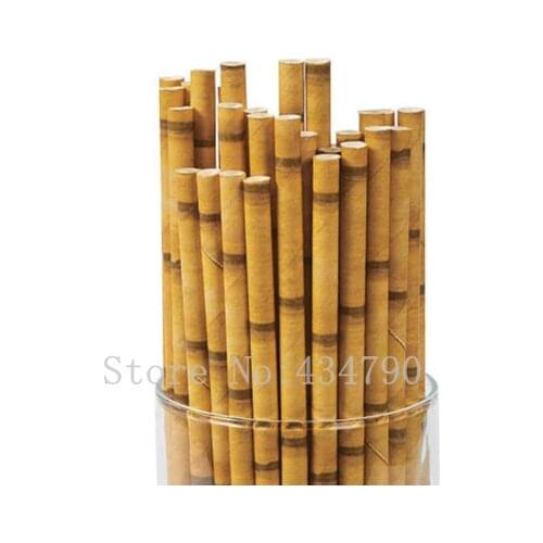 200pcs Tiki Paper Straws-Yellow Bamboo Patterned Drinking Straws-Cute Fun Luau Hawaiian Forest Jungle Party Birthday Wedding