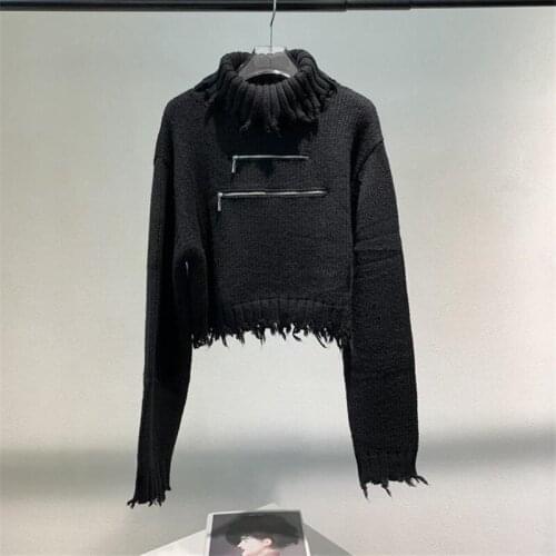 2020 Autumn New Solid Color Turtleneck Loose Sweater Women Zippers Raw Edge Tassel Pullover Sweater Top