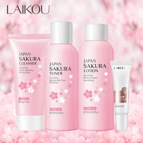 4Pcs Face Skin Care Set Cherry Blossom Facial Cleanser Moisturizing Toner & Face Lotion & Collagen Eye Cream Beauty Makeup Set