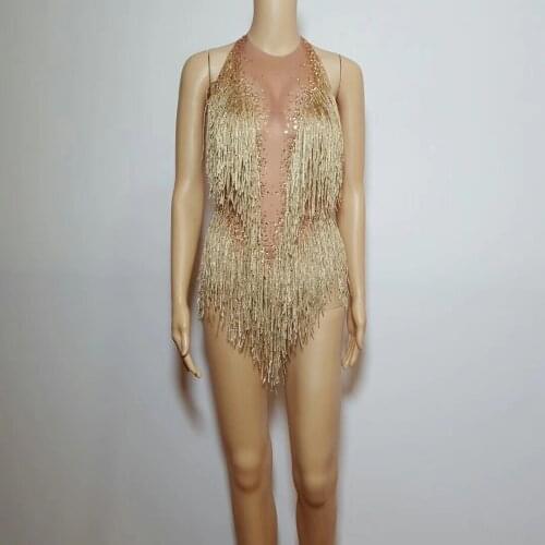 Sparkly Golden Tassel Bodysuit Women High Elasticity Beading Bodysuit DJ Party Bodycon Bodysuit Costume One-piece Dance Wear