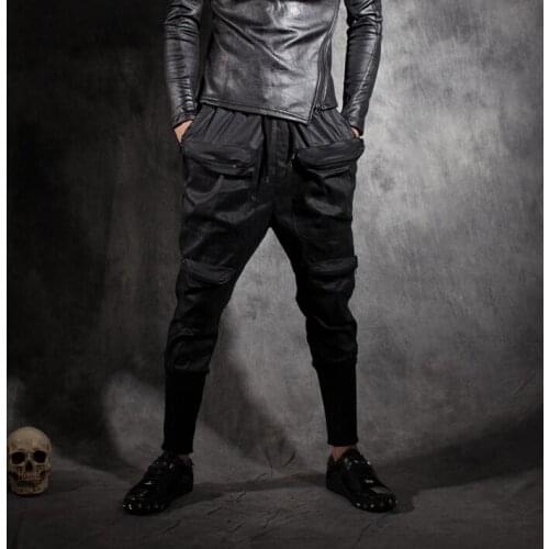 Beam patchwork pants mens casual trousers male personality pocket decoration slim men skinny pants black pantalones hombre