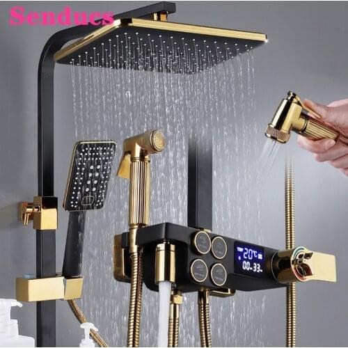 Digital Shower Set Senducs Black Gold Bathroom Shower System with 10 Inch Rainfall Shower Head Brass Bathtub Mixer Faucets