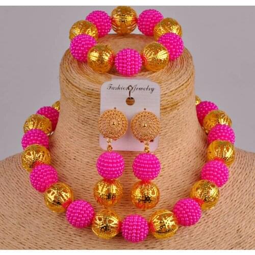 Fuchsia pink costume jewelry set simulated pearl nigerian wedding african beads party jewelry sets FZZ44